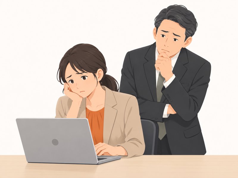 復職した社員の後ろで、仕事の任せ方を考える上司のイラスト