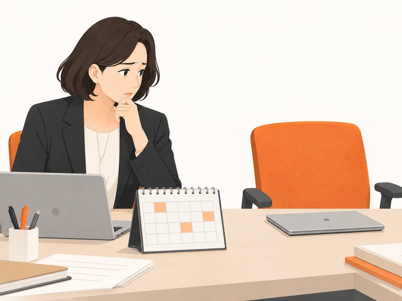 空いた席と休みの印が増えたカレンダーを前に考え込む人事のイラスト