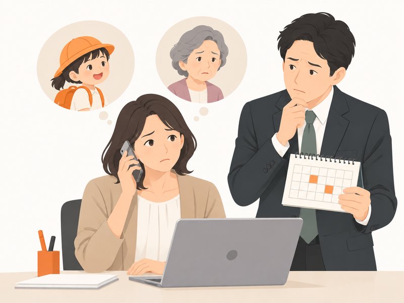 子どもの迎えや親の介護を気にしながら電話する社員と、カレンダーを見て考える上司のイラスト